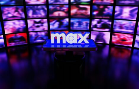 Streaming app logo on a screen in front of a wall of glowing video thumbnails