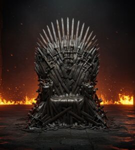 Ornate iron throne made of swords with flames burning on either side