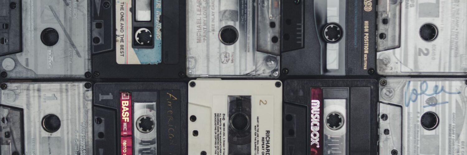 Flat lay of vintage audio cassette tapes