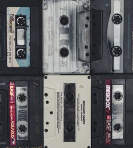 Flat lay of vintage audio cassette tapes
