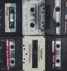 Flat lay of vintage audio cassette tapes