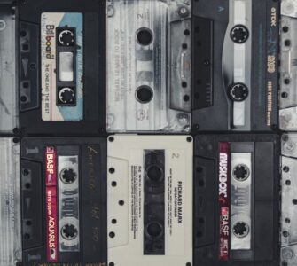Flat lay of vintage audio cassette tapes