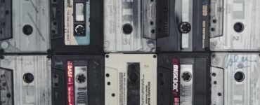Flat lay of vintage audio cassette tapes