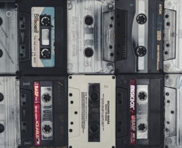Flat lay of vintage audio cassette tapes