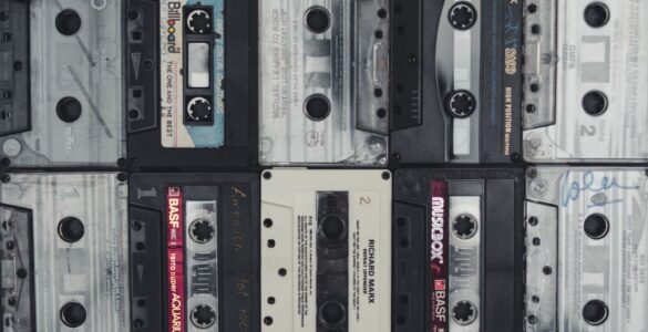 Flat lay of vintage audio cassette tapes